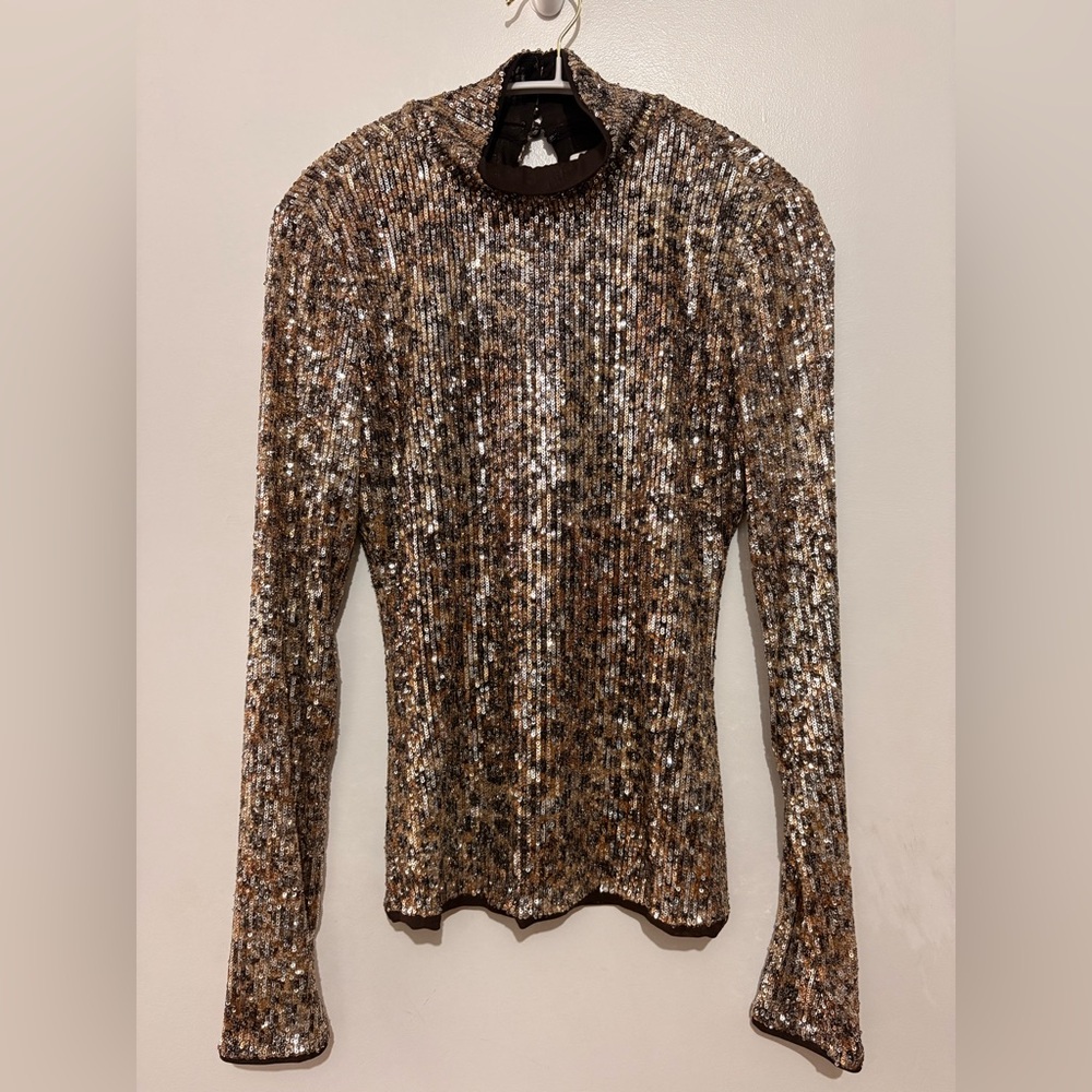 Jonathan Simkhai Metallic Sequin Ribbed Long-Sleeve Top - SZ SMALL